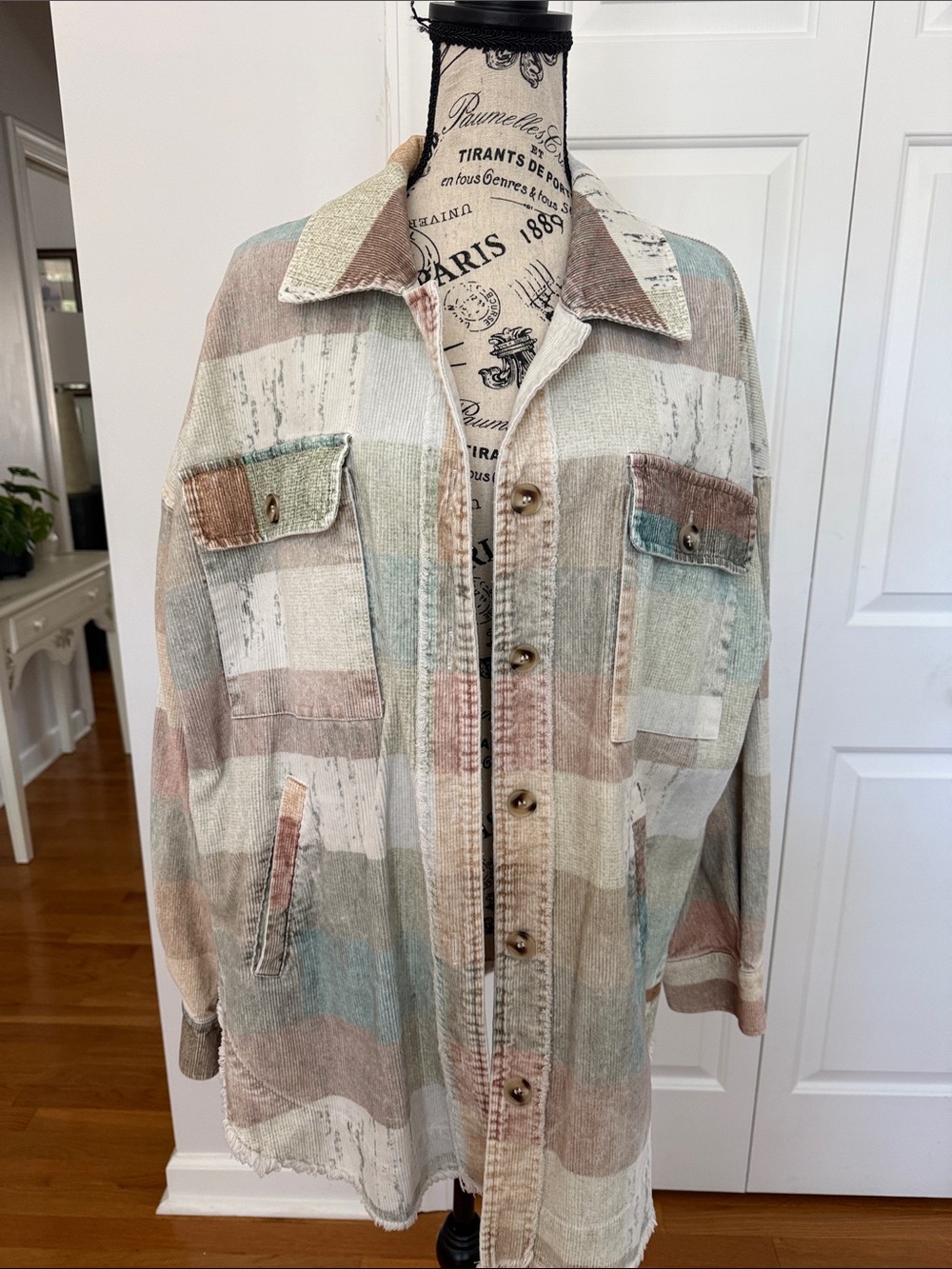 BKE Pastel Multi-Stripe Jean Jacket in Cream, Tan & Blue-Green - Picture 1 of 5